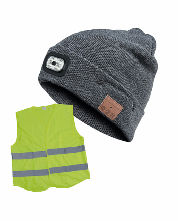 Blå LED Beanie med Bluetooth og Sikkerhedsvest - Udsalg!
